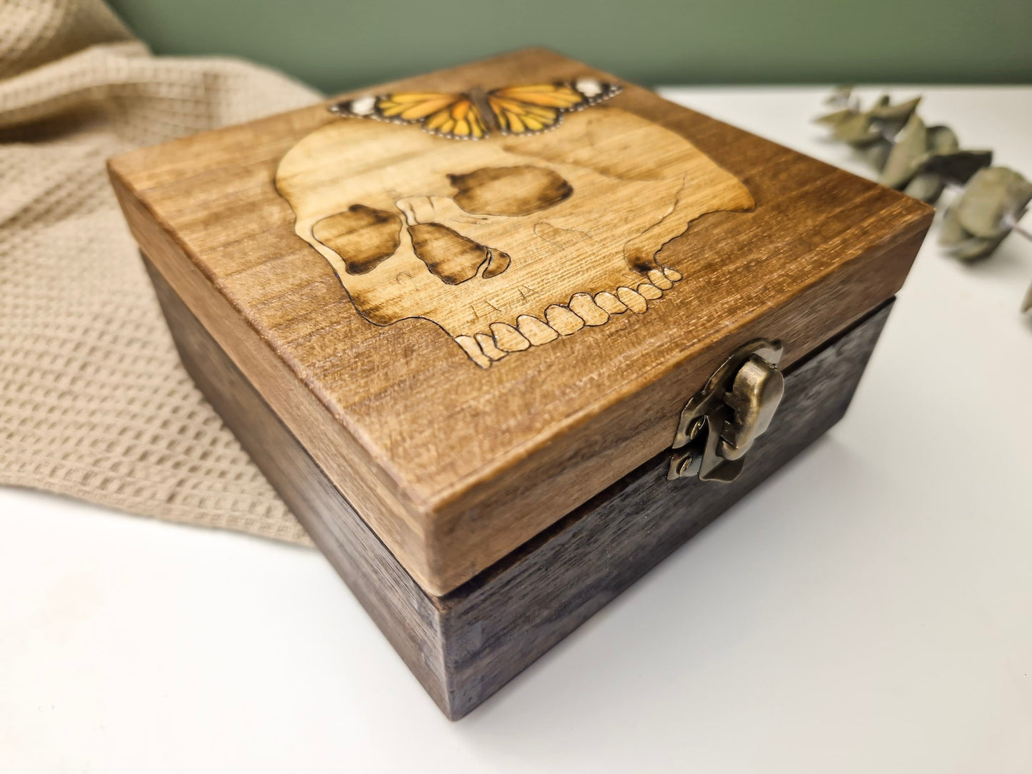 Skull with Butterfly Wooden Box
