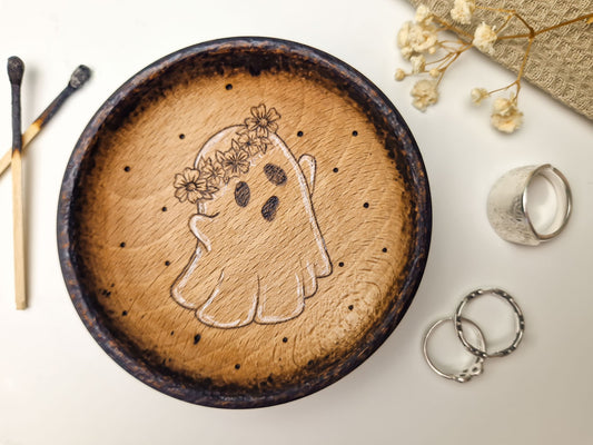 Floral Ghost Wooden Trinket Dish