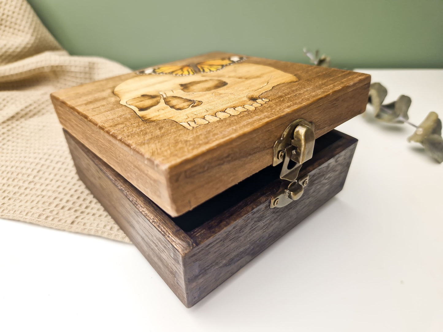 Skull with Butterfly Wooden Box