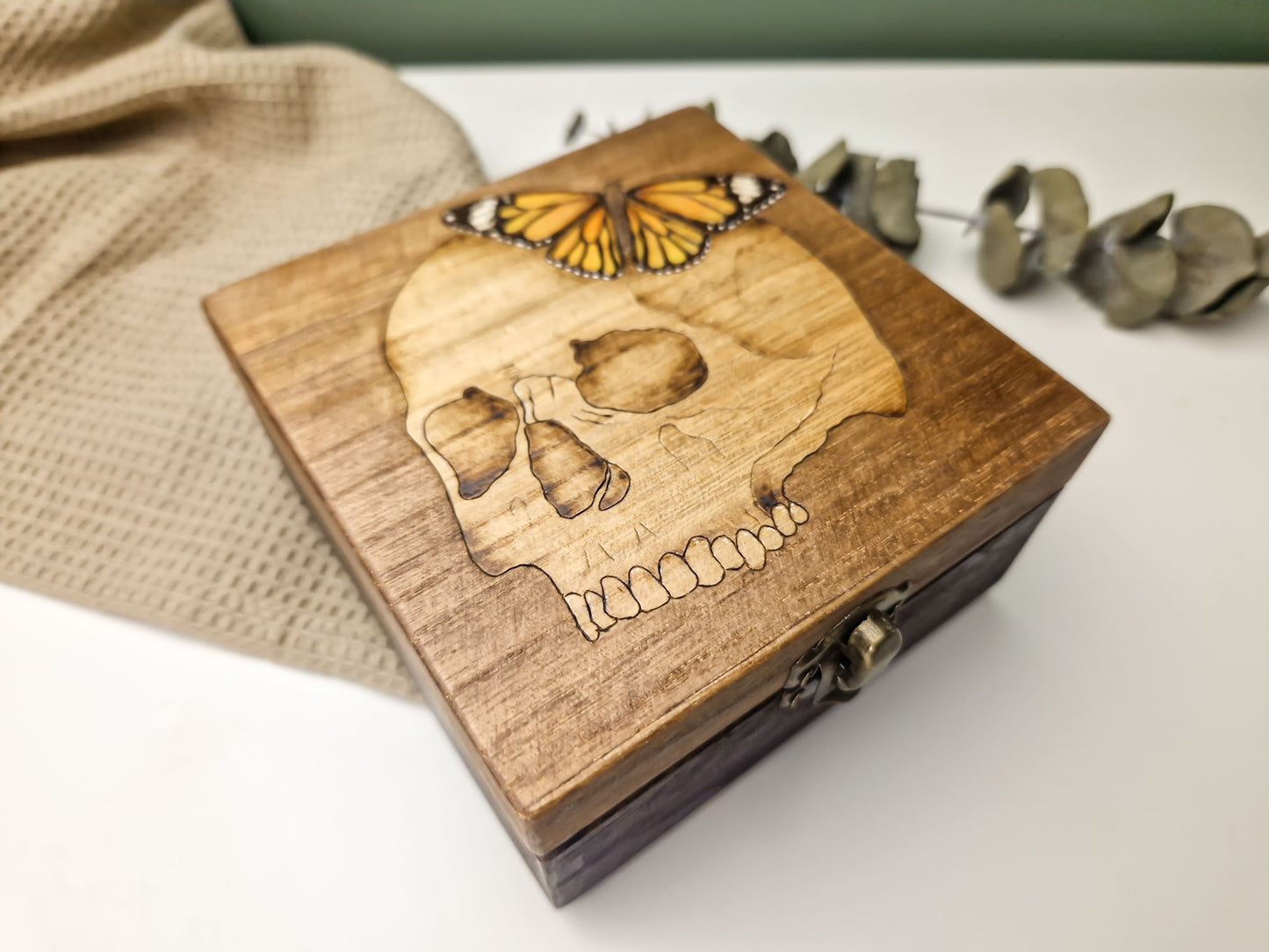 Skull with Butterfly Wooden Box